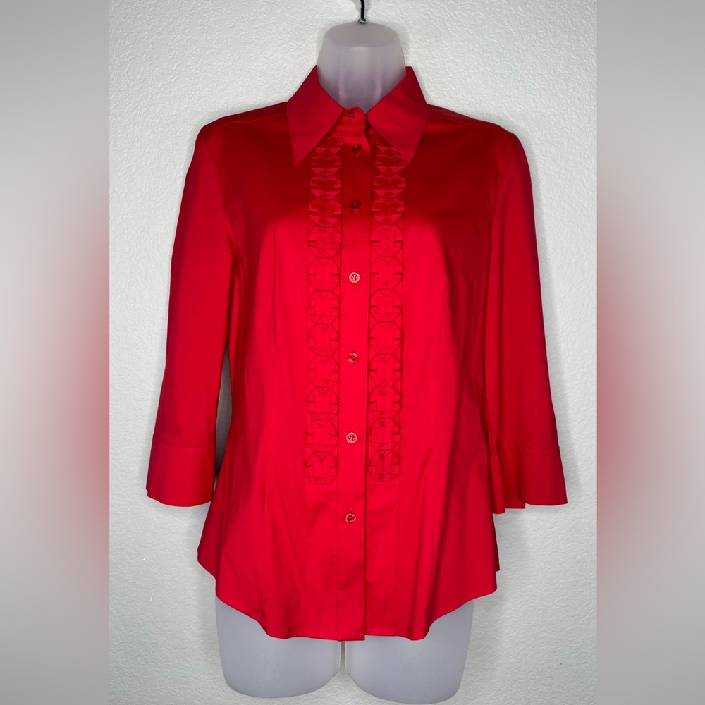 Escada Red Ruffle Front Button-Up Shirt Stretch Cotton‎ Blend Size 36 (US S)